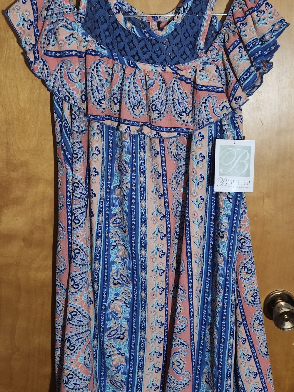 Bonnie Jean Girls Peach and Blue Paisley Ruffle Dress